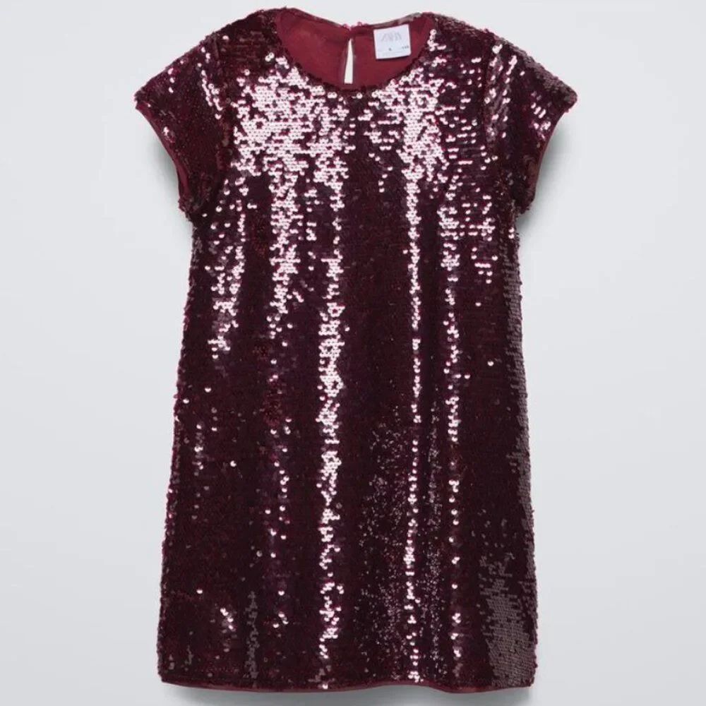 Zara Girls Sequin Dress – Burgundy - Girls Size 8 New ✨💕